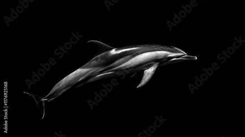 Monochrome photo of a dolphin swimming in dark water. photo