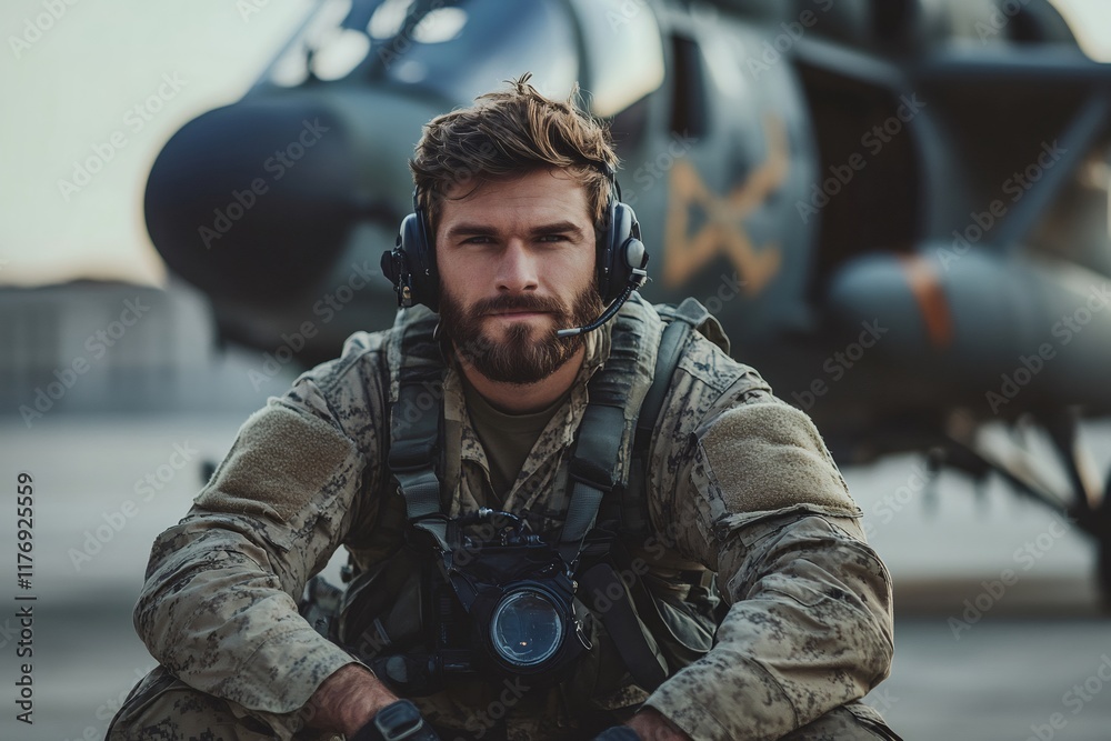 Soldier wearing headset sitting near helicopter on airfield Soldier wearing headset sitting near helicopter on airfield