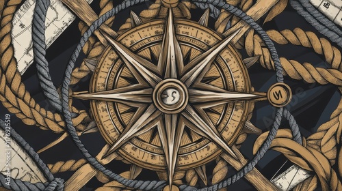 Detailed Vintage Nautical Compass and Rope Graphic Design for Decorative Purposes