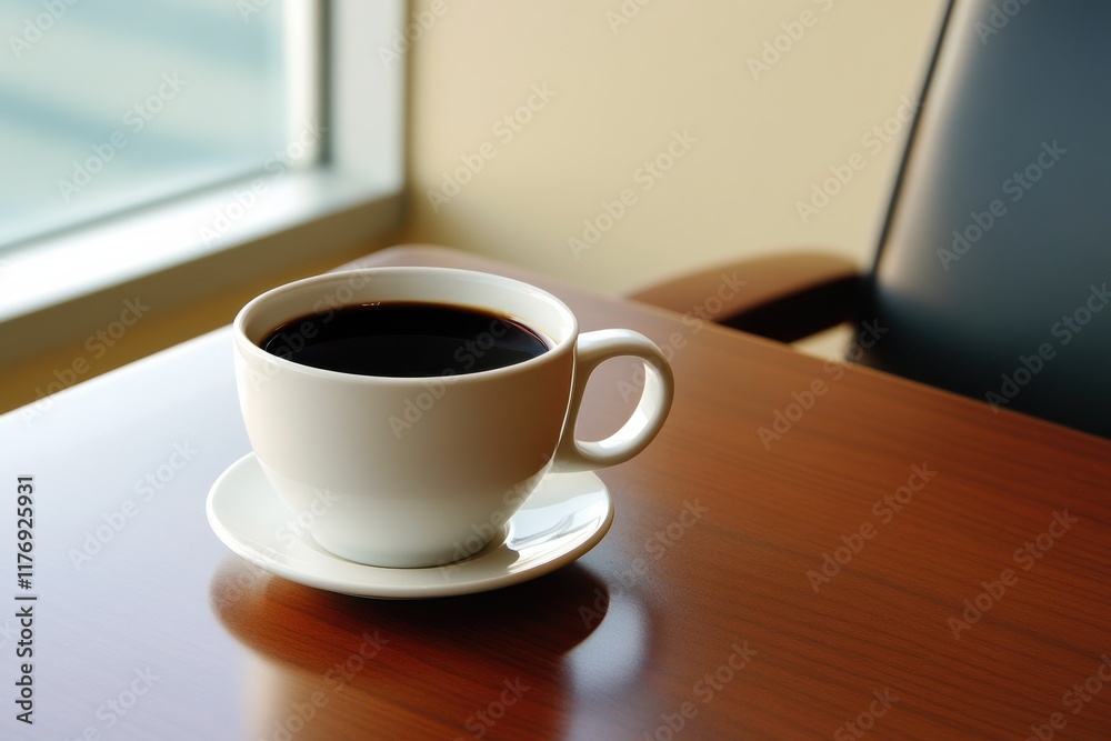 A Minimalist Perspective of a Black Coffee Cup on a Modern Office Desk with Neutral Lighting and a Blank Wall Background for Text Placement A Minimalist Perspective of a Black Coffee Cup on a Modern Office Desk with Neutral Lighting and a Blank Wall Background for Text Placement