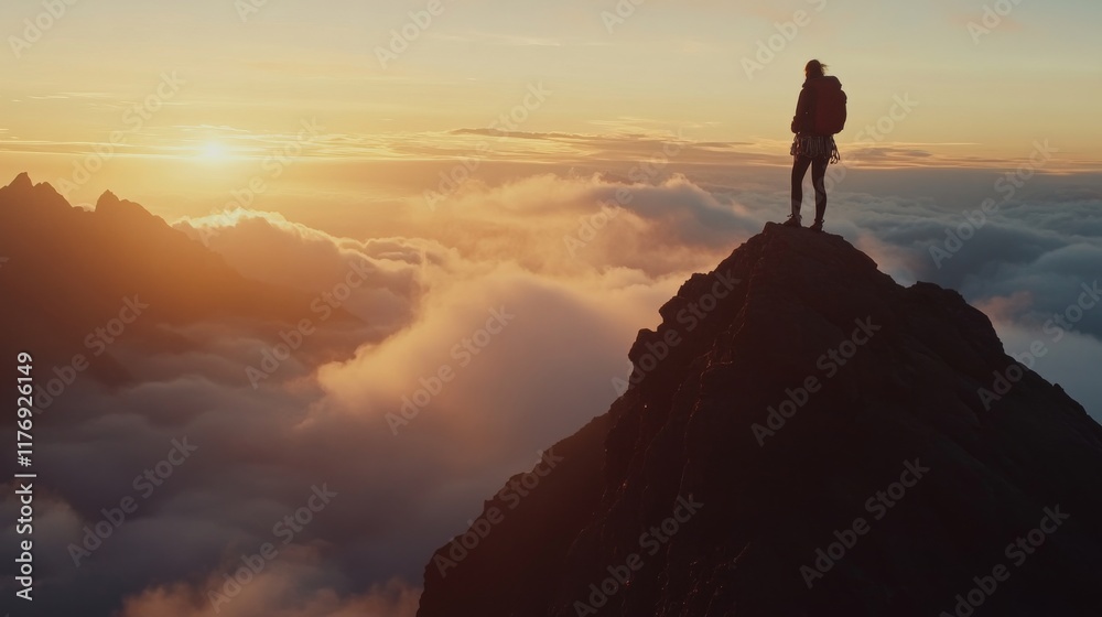 A solitary hiker stands atop a rocky peak, admiring the stunning sunrise illuminating the clouds below, showcasing the beauty of nature at dawn in a serene atmosphere A solitary hiker stands atop a rocky peak, admiring the stunning sunrise illuminating the clouds below, showcasing the beauty of nature at dawn in a serene atmosphere