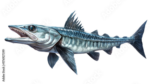 Majestic Barracuda: A detailed illustration of a barracuda fish, showcasing its sharp teeth and sleek, powerful body. Perfect for marine biology, fishing, or nature-themed projects.