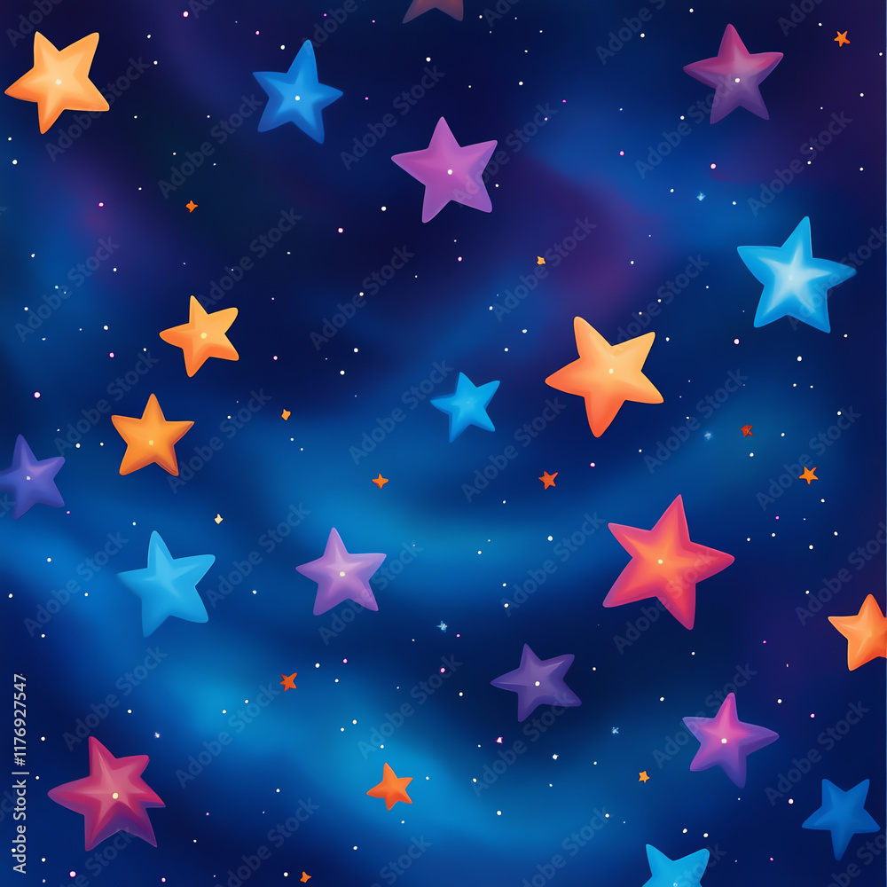Obraz premium A vibrant illustration of colorful stars scattered against a deep blue night sky, perfect for creative projects.