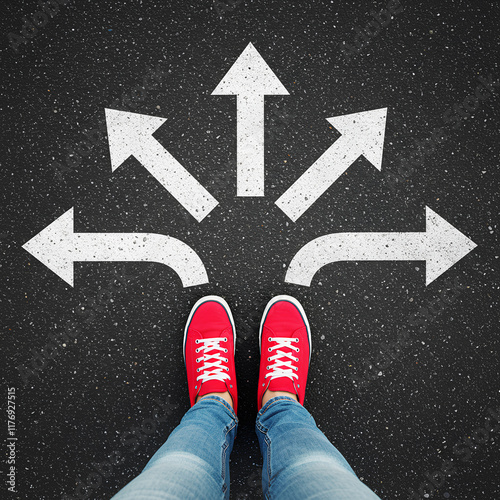 Red sneakers on a road with white arrows pointing in multiple directions, symbolizing choices.
