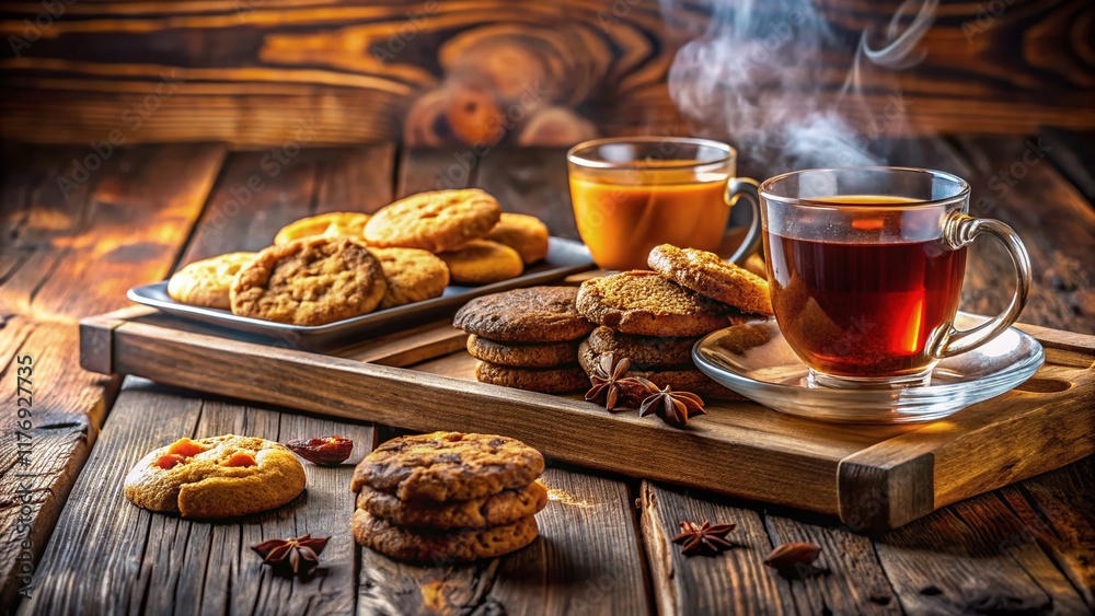 Macro Shot: Crumbly Cookies & Warm Tea on Rustic Table Macro Shot: Crumbly Cookies & Warm Tea on Rustic Table