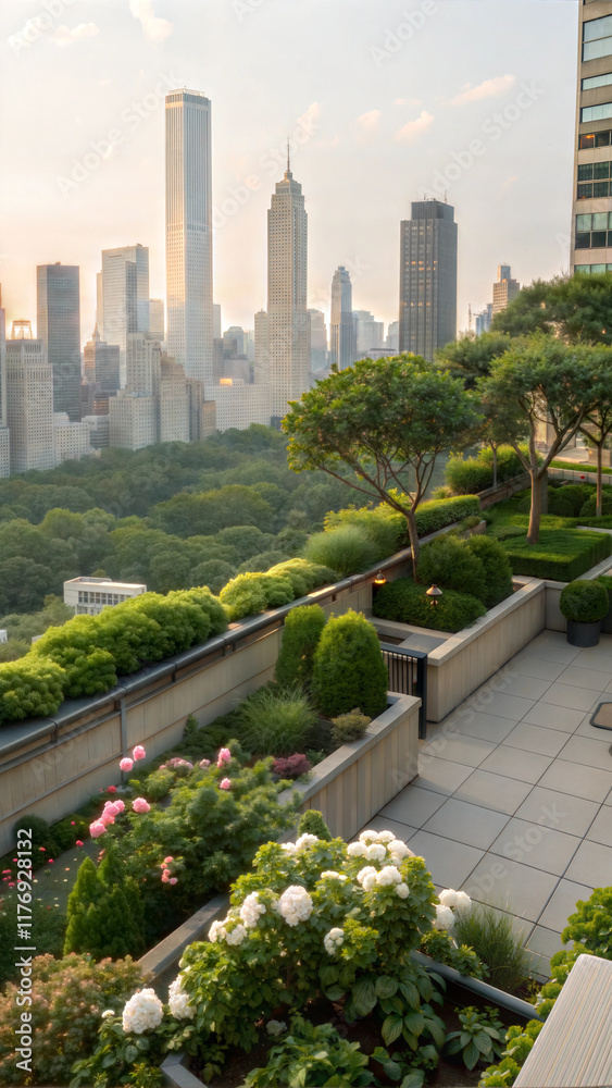Fototapeta premium Rooftop garden overlooking city skyline at sunset.