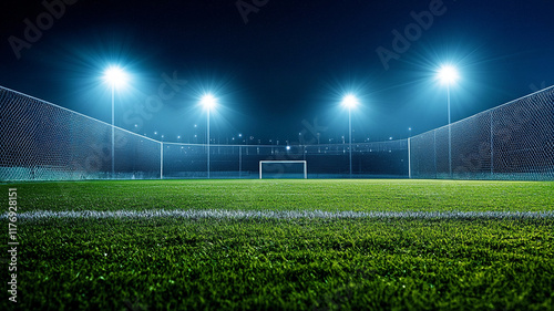 Soccer stadium during night match illuminated field