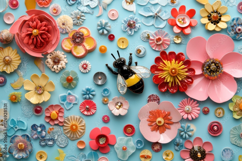 Fototapeta premium Bee amidst colorful handmade flowers on blue background; craft, design