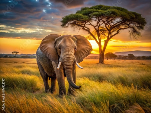 Majestic African Bush Elephant in Savanna Landscape - Wildlife Photography photo