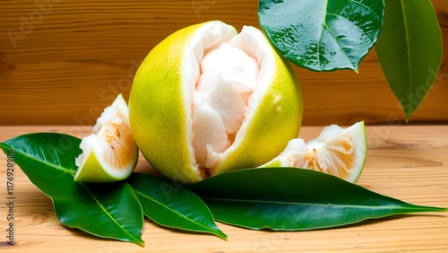 pomelo fruit on wooden background, fresh green pomelo peeled and leaf frome pomelo tree , pummelo , grapefruit in summer tropical fruit  in thailand photo