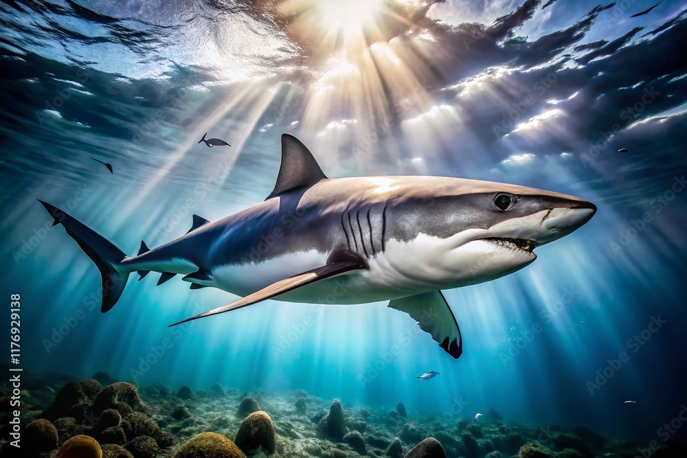 Obraz premium Majestic Black and White Shark Underwater Candid Photo