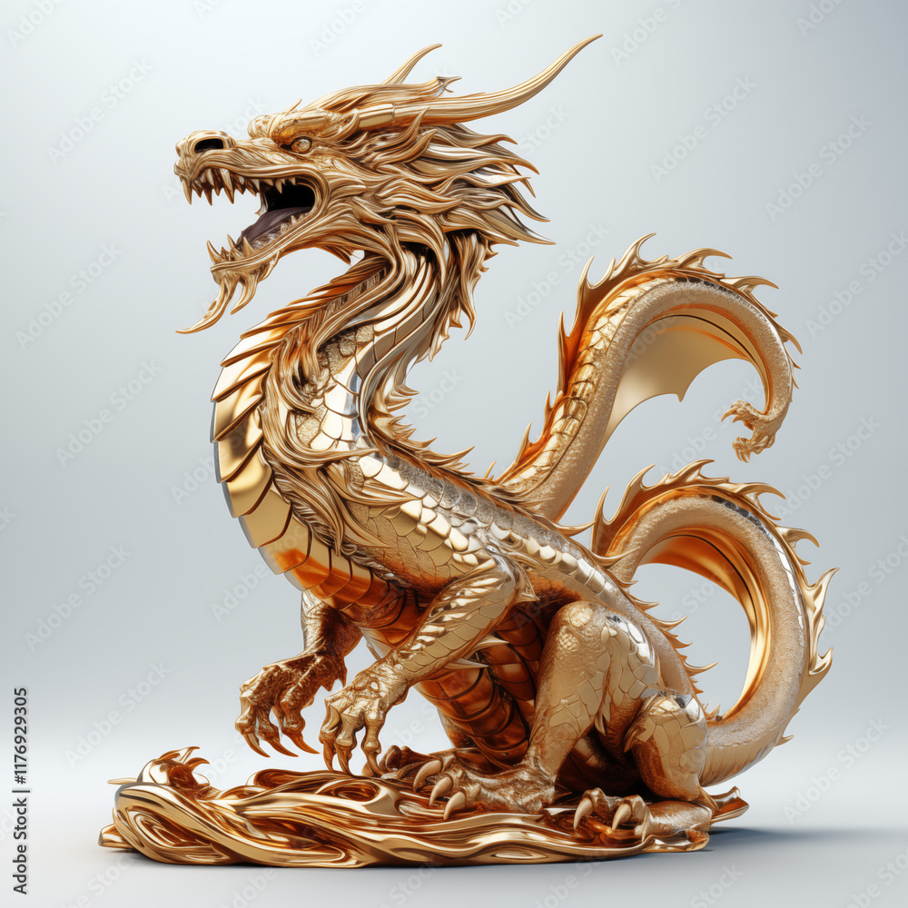 Magnificent Golden Dragon Sculpture on White Canvas Magnificent Golden Dragon Sculpture on White Canvas