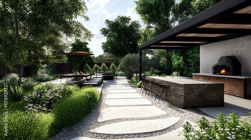 Backyard garden with a natural stone seating area and a brick pizza oven for entertaining