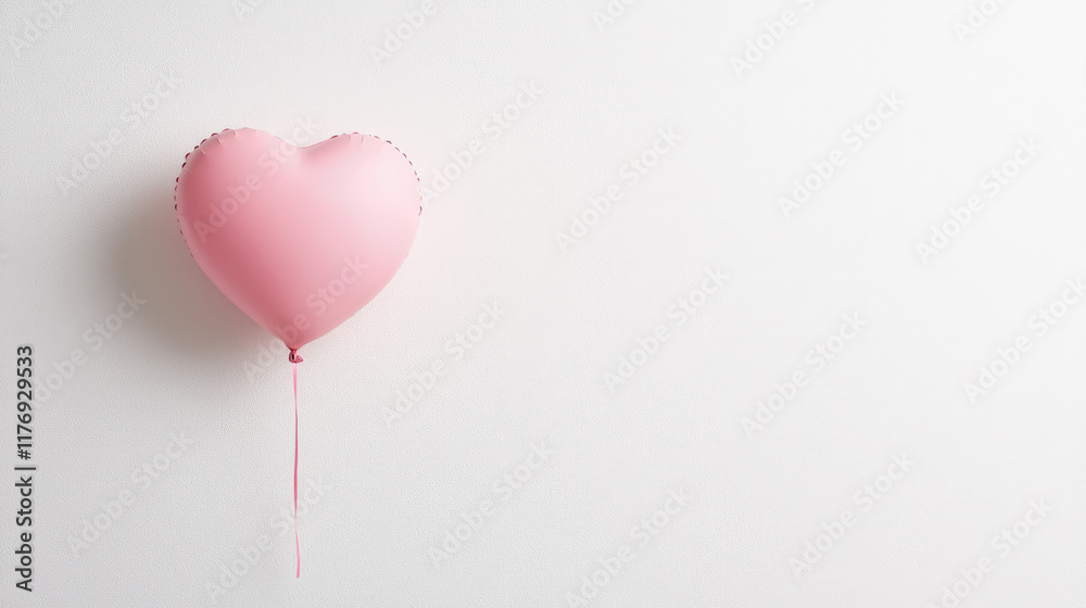 Heart-Shaped Pink Balloon Floating against Plain White Wall, Romantic Valentine's Day Decoration in Minimalist Style Heart-Shaped Pink Balloon Floating against Plain White Wall, Romantic Valentine's Day Decoration in Minimalist Style