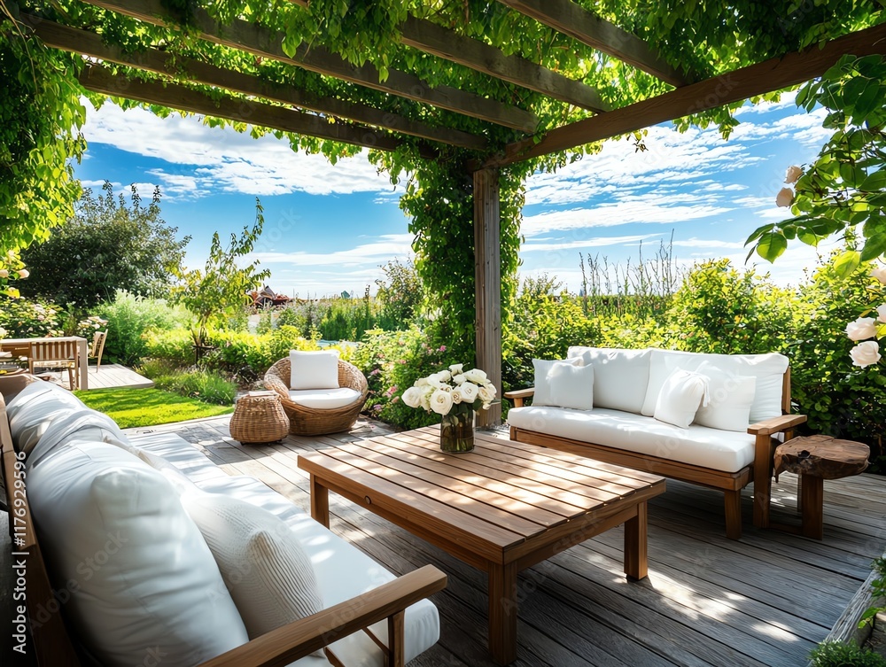Fototapeta premium Backyard garden with a wooden pergola covered in climbing roses and comfortable outdoor furniture