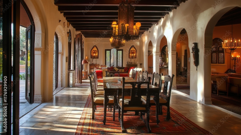 Fototapeta premium Sunlit Mediterranean Mansion Dining Hall