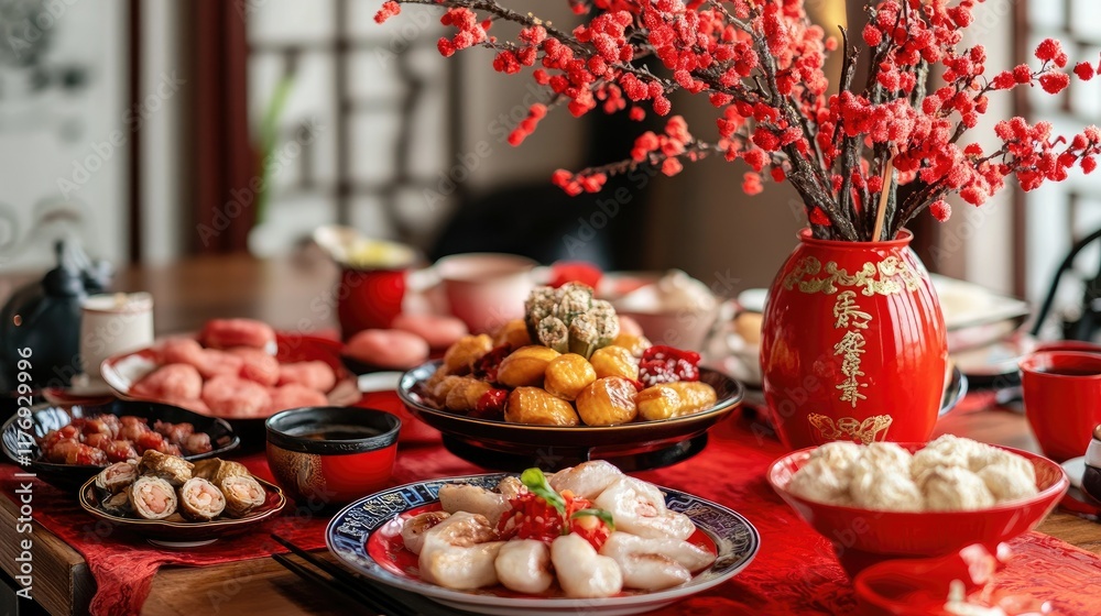 Naklejka premium A family table setup for Chinese New Year with traditional dishes, red decor, and a vase of blooming peach branches