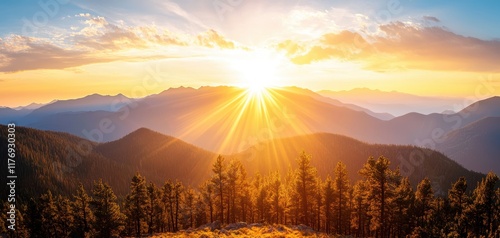 Sunset mountain vista with detailed pine silhouettes ideal for wilderness photography backdrops eco-focused storytelling or scenic art themes photo