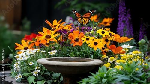 Butterfly garden with nectarrich flowers and a small birdbath as a centerpiece photo