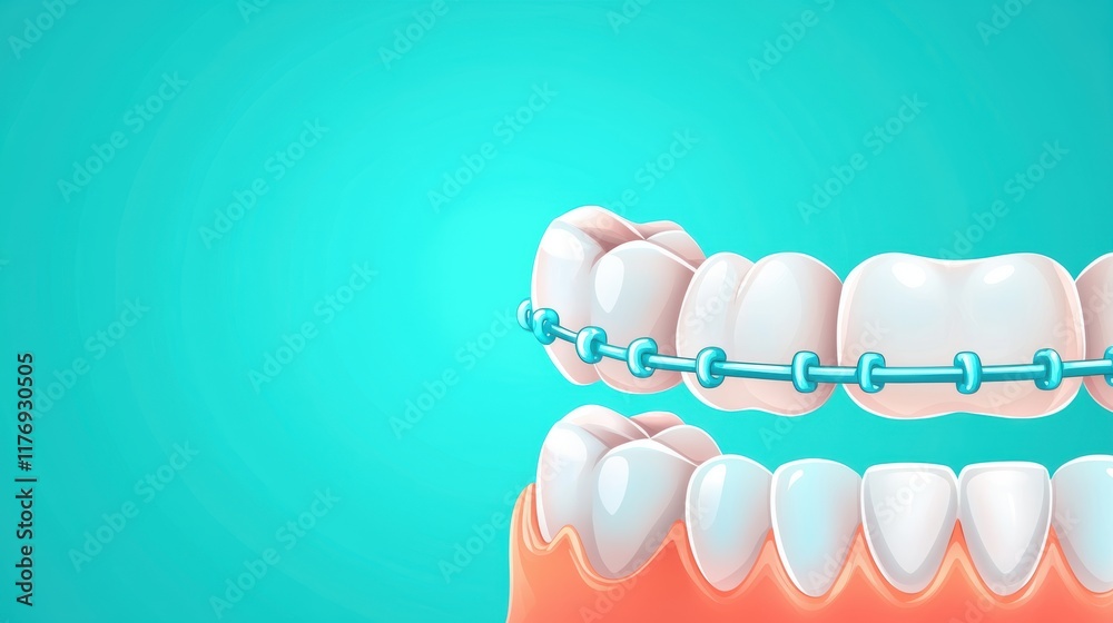 Fototapeta premium A dental model featuring braces on white teeth against a light blue background, illustrating orthodontic treatment.