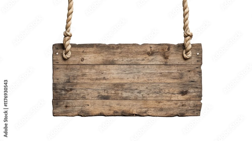 Rustic Wooden Sign Hanging: A weathered wooden sign with frayed rope hangs against a blank backdrop, ready to display your message. The perfect canvas for crafting a rustic, vintage aesthetic. Rustic Wooden Sign Hanging: A weathered wooden sign with frayed rope hangs against a blank backdrop, ready to display your message. The perfect canvas for crafting a rustic, vintage aesthetic.