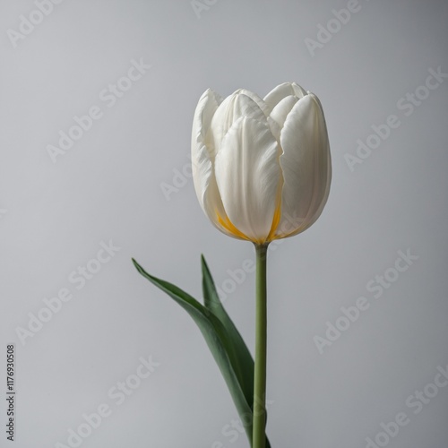 A single white tulip standing tall, with a pristine white backdrop.