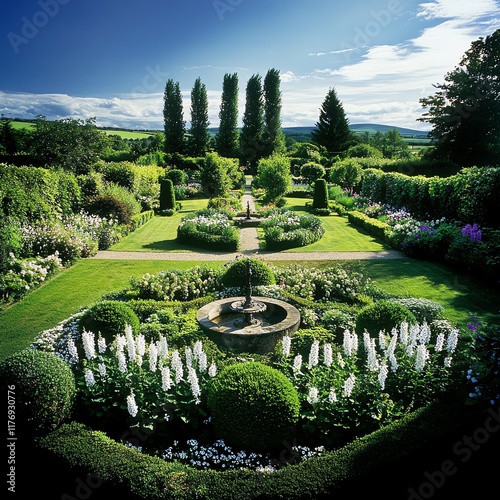 English cottage garden with hollyhocks, foxgloves, and neatly trimmed hedges around a central fountain photo