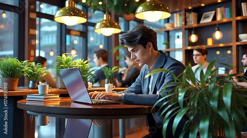 Focused Professional Working on a Laptop in a Stylish Cafe Surrounded by Green Plants and Warm Lighting

 photo