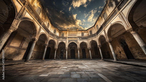 Fez or Fes, Morocco. Courtyard of the Al-Attarine Madrasa. photo