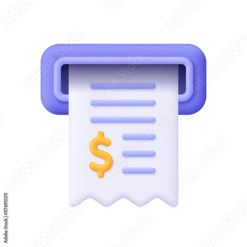 Cash receipt, bill check or invoice poked out of ATM or cash register. Finance, banking and ATM payment transaction concept. 3d vector icon. Cartoon minimal style.