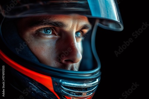 Racer wearing helmet and looking ahead with confidence and determination