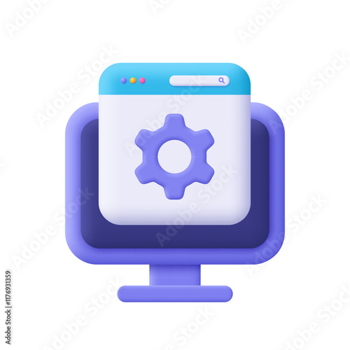 Computer monitor display with webpage browser and gear. Online support, settings, repair service and technical support concept. 3d vector icon. Cartoon minimal style.