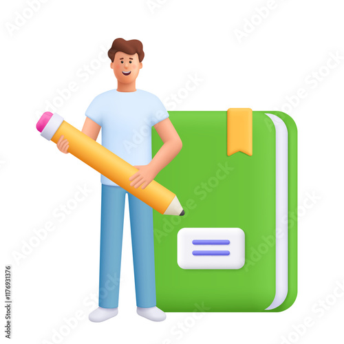 Young smiling man James standing near huge book and holding pen. Education, study, knowledge , examination, homework  concept. 3d vector people character. Cartoon minimal style.