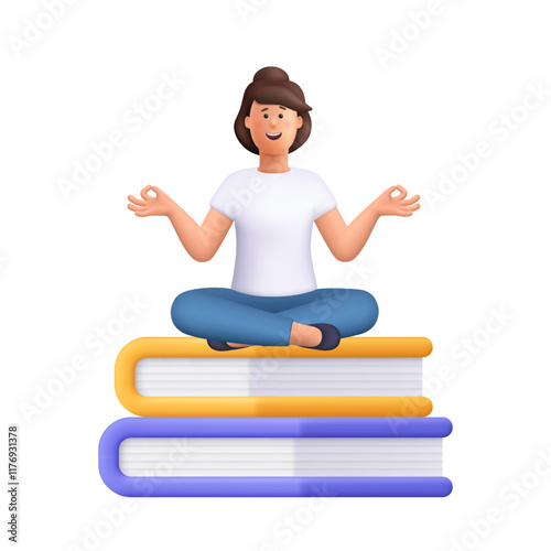 Woman Jane meditating, sitting in yoga lotus pose with wise gesturing on large stack of textbooks. Education, reading and literature concept. 3d vector people character.