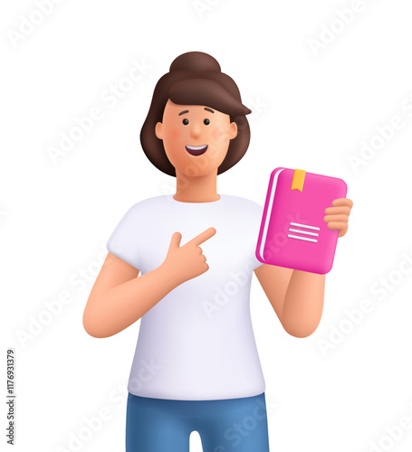Young smiling woman Jane pointing at book and holding book. Study, education, back to school, knowledge concept. 3d vector people character. Cartoon minimal style.