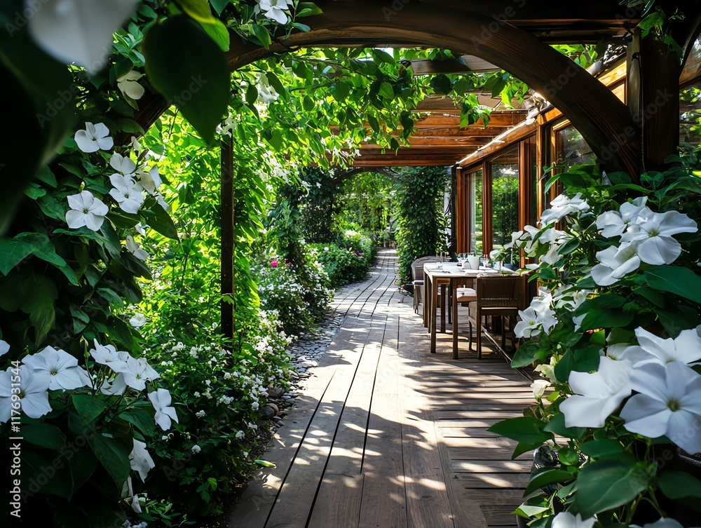 Home garden with a trellis archway covered in climbing jasmine, leading to a secret nook Home garden with a trellis archway covered in climbing jasmine, leading to a secret nook