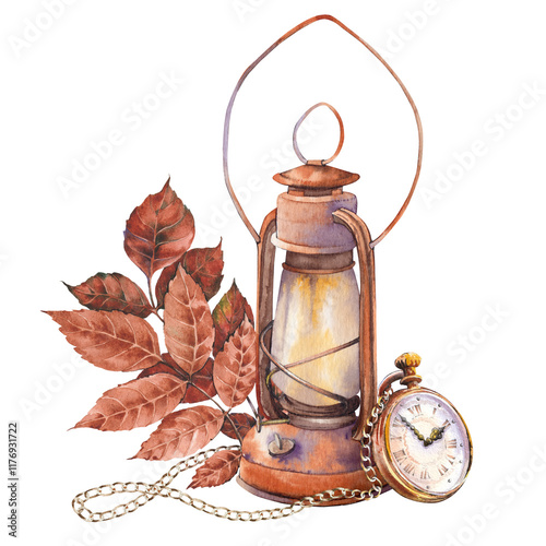 Vintage oil lamp and pocket watch clip art. Watercolor hand painted illustration. photo