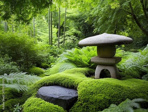 Japaneseinspired garden with a bamboo grove, mossy stones, and a stone lantern surrounded by ferns photo