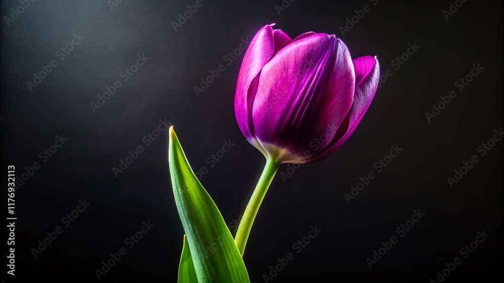 Fototapeta premium Majestic Purple Tulip Bloom, Black Background, Panoramic Vertical