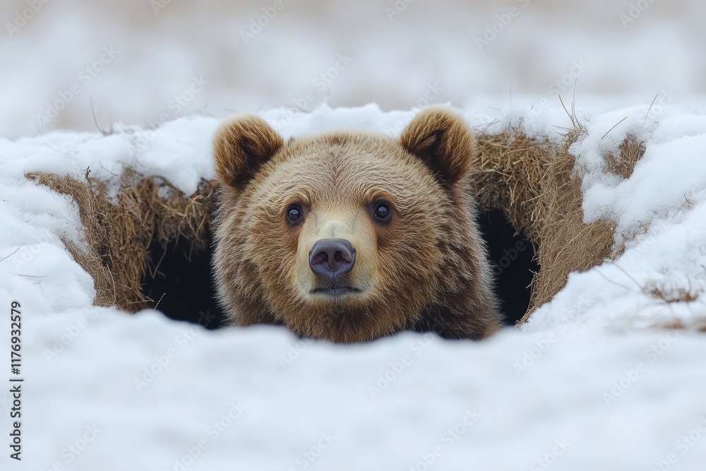 Obraz premium Brown bear waking up from its den in the snowy wilderness during early spring