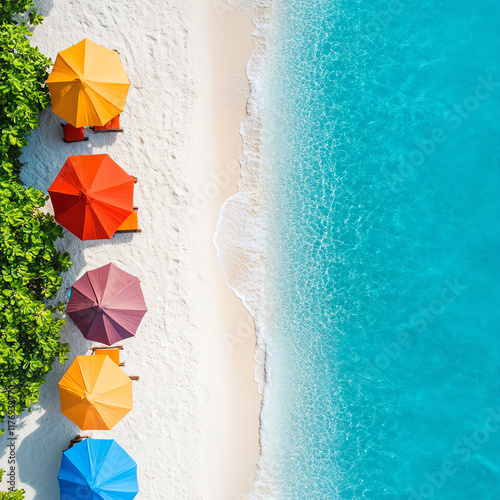 Aerial view of colorful beach umbrellas on a pristine sandy shore beside clear turquoise waters, perfect for summer vacations. photo