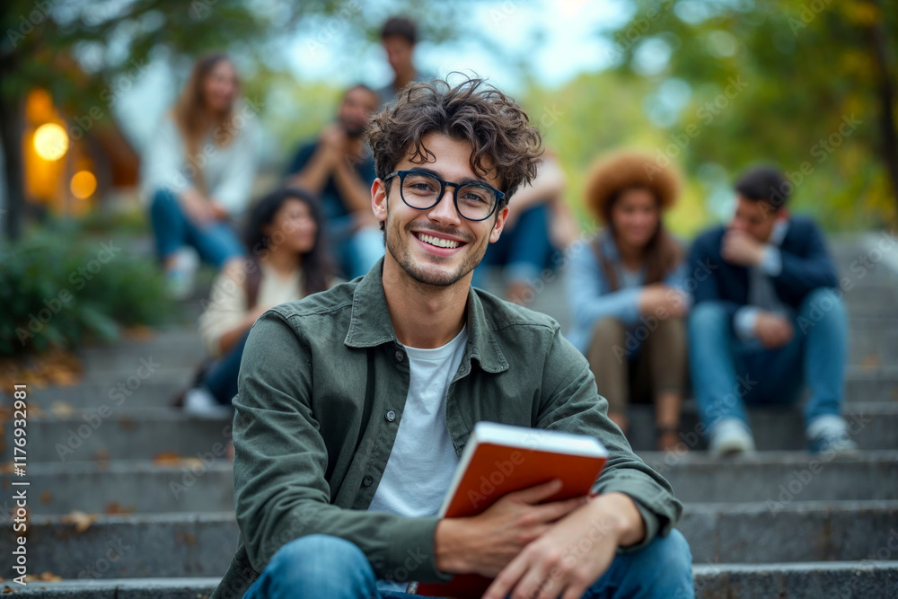 Obraz premium Cheerful Young Student Holding Book on Campus Steps with Friends in the Background