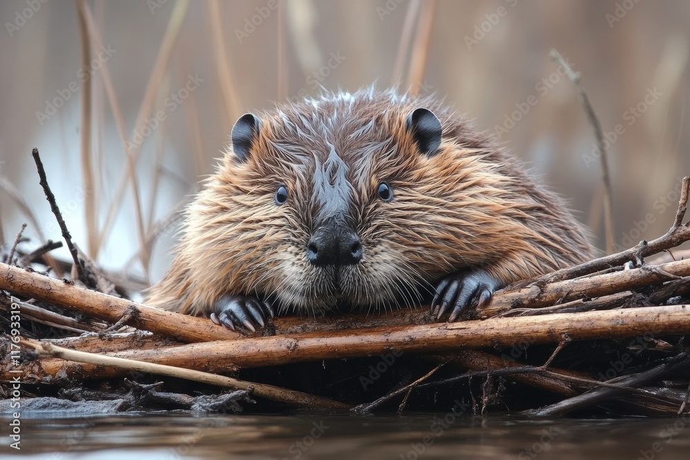 Beaver builds a dam using sticks and mud in a tranquil river during the early morning Beaver builds a dam using sticks and mud in a tranquil river during the early morning