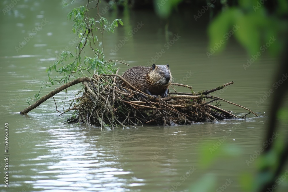 Obraz premium Beaver builds intricate dam during daylight in a serene river environment