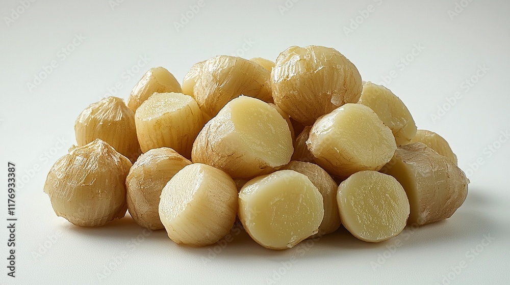 Peeled macadamia nuts piled on white background. Peeled macadamia nuts piled on white background.