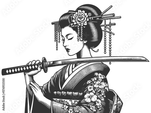 samurai woman in a kimono with katana, adorned with intricate details sketch engraving generative ai fictional character vector illustration. Scratch board imitation. Black and white image.