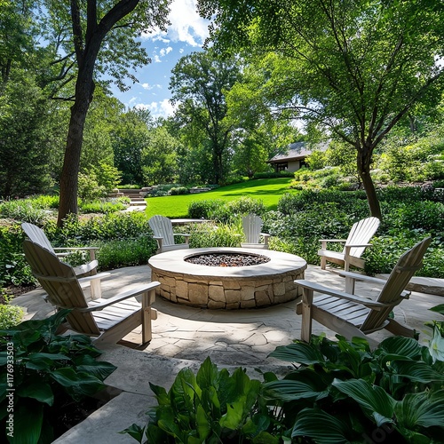 Secluded garden with a circular stone fire pit surrounded by Adirondack chairs and lush greenery