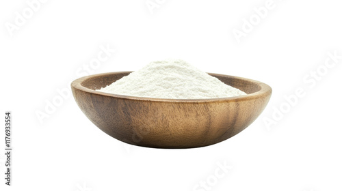 Wooden Bowl of Flour: Close-up of a rustic wooden bowl brimming with a generous mound of unbleached all-purpose flour, ready for baking or culinary creations.  A simple yet inviting image.