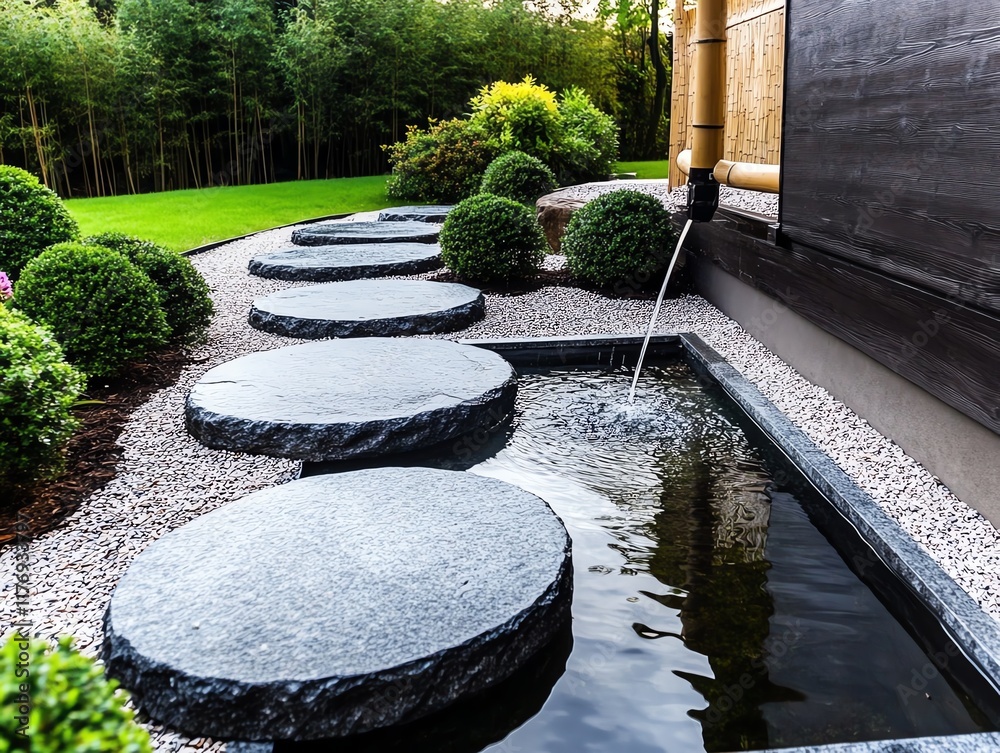 Obraz premium Small Japanese garden with stepping stones, a bamboo water spout, and pruned shrubs