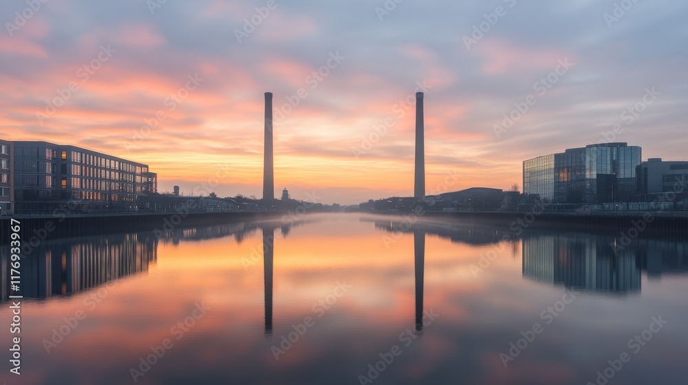 Naklejka premium Symmetrical Sunrise Over Calm Water Reflecting Industrial Structures: Peaceful Morning Cityscape